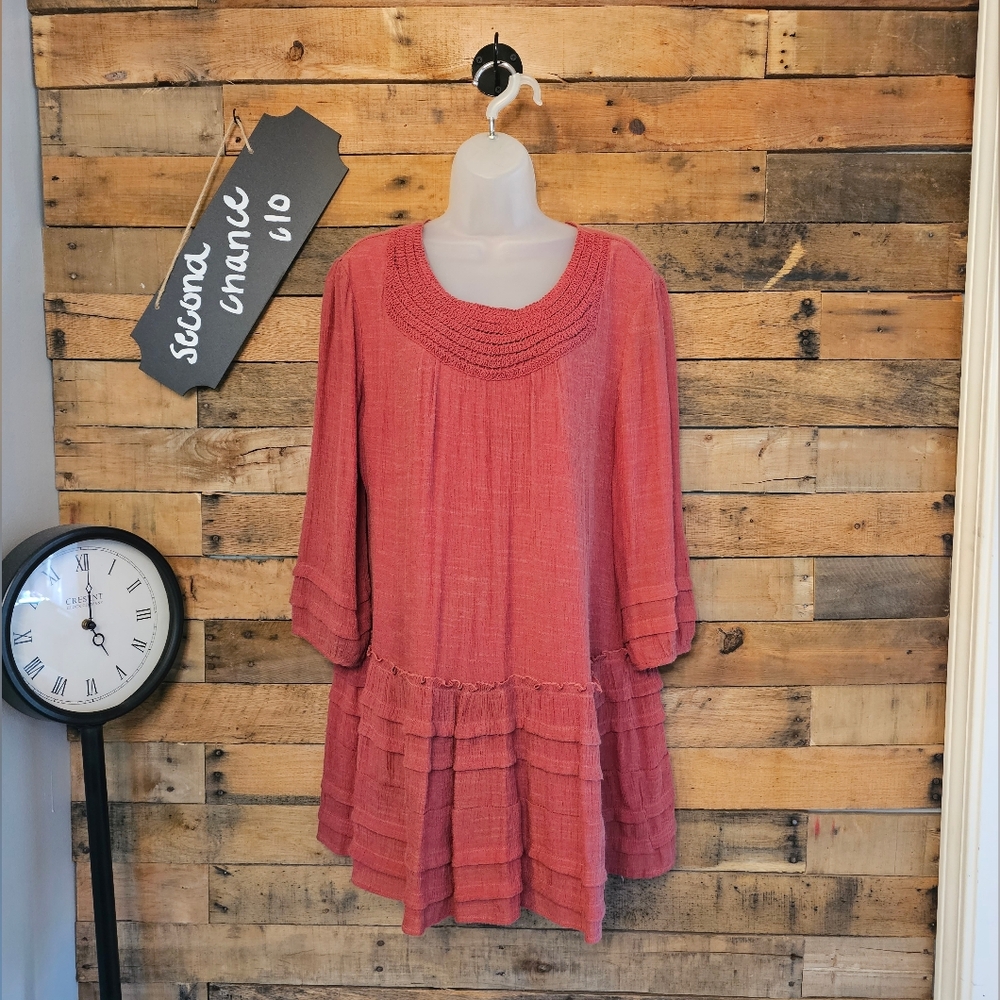 Indigo Soul Women's Coral Boho Peasant Shift Tiered Skirt Dress Size Large